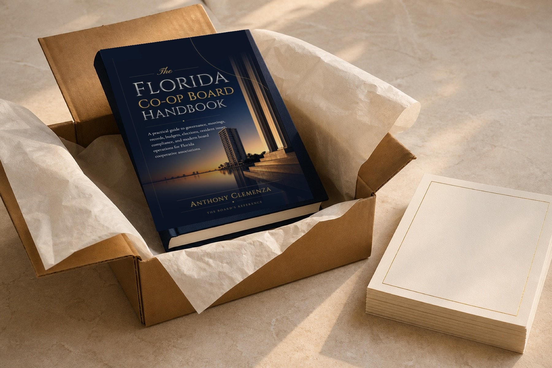 The hardcover lifted from its opened shipping parcel and tissue, resting on pale stone in morning light