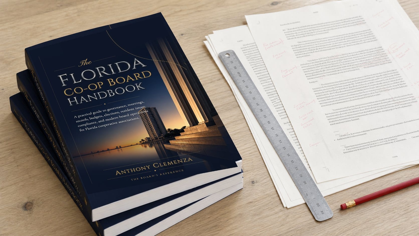 Three copies of the paperback stacked on an oak workbench beside marked-up page proofs, a pica ruler, and a red editing pencil